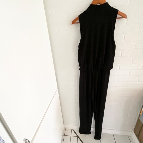 Karen Kane Maxi Jumpsuit Black Wide leg Draped surplice lined top Stretched Sz S - Picture 9 of 16